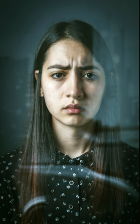 A portrait of a sad woman with multiple exposure concept of mental problemsの素材