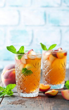 cold summer tea with peach and mint in glasses on the tableの素材