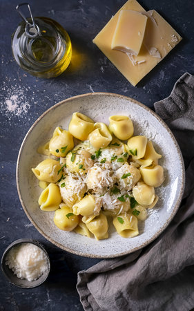 cappelletti in brodo. Italian dish for family holidays. on the table with parmesanの素材