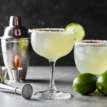 classic margarita cocktail on the table with bar accessories.の素材