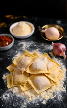 different types of fresh raw italian ravioli on the table with cooking ingredients. home kitchenの素材