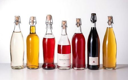 different bottles with alcohol on a white background white, red, prosecco, pink, red, sherry. advertisingの素材
