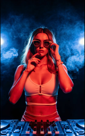 Front view female dj with sunglasses smokingの素材