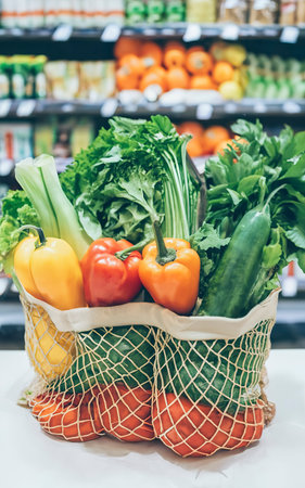 fresh vegetables and fruits in a shopper bag on a white table. purchase in a supermarketの素材
