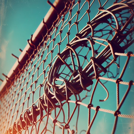 Old metal net on blue sky backgroundの素材