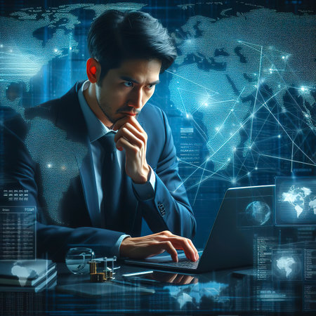 Businessman hacker stealing data from network connection in global communicationの素材
