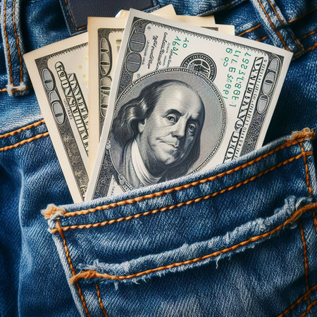 A pocket of blue jeans with dollar banknotesの素材