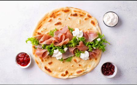 Italian street food flat lay with piadina isolated on a white backgroundの素材