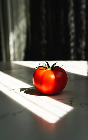 one red tomato on the table. light from behind. oxheartの素材