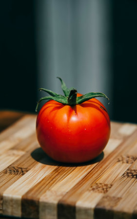 one red tomato on the table. light from behind. oxheartの素材