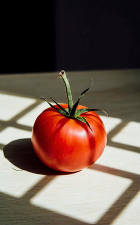one red tomato on the table. light from behind. oxheartの素材