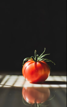 one red tomato on the table. light from behind. oxheartの素材