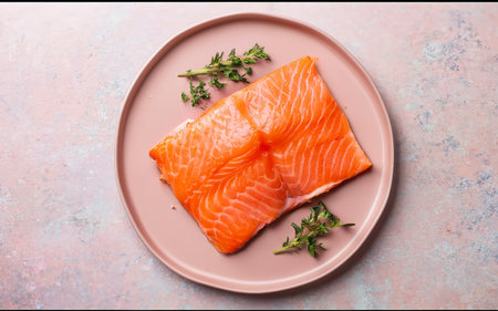 slices of fresh salmon in a pink plate on a pink table, ready to cookの素材