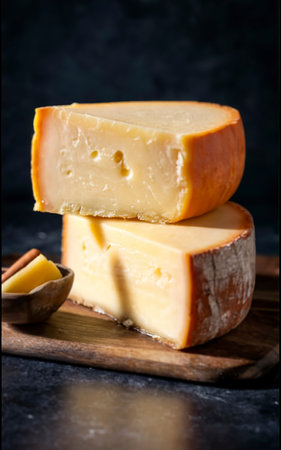 whole italian parmesan or pecorino cheese on a dark background. packaging advertisingの素材