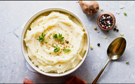 mashed potatoes on a white marble table. photo for packagingの素材