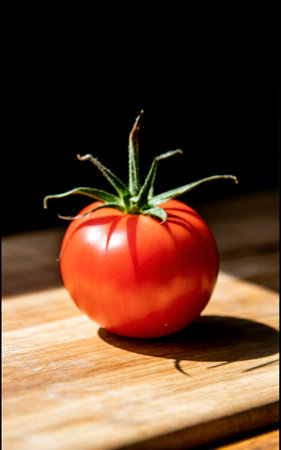 one red tomato on the table. light from behind. oxheartの素材