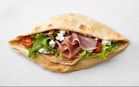 Italian street food flat lay with piadina isolated on a white backgroundの素材