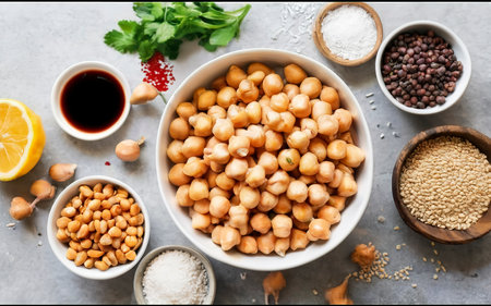 Chickpeas in white bowl with ingredients for cooking hummus at light kitchen table.の素材