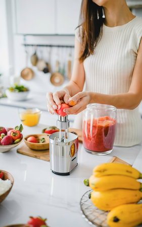Female hands use a hand blender to mix fresh fruits in the kitchenの素材