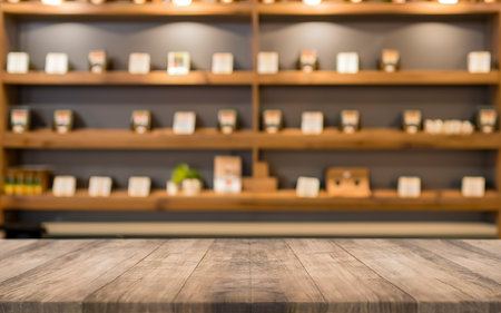 Empty top wood shelves and blurred coffee shop cafe background. product display templateの素材