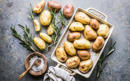 Fresh from the farm potatoes ready to be roasted with garlic and rosemaryの素材