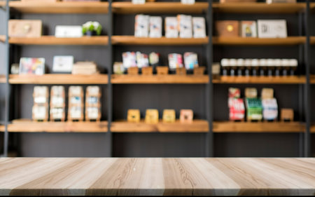 Empty top wood shelves and blurred coffee shop cafe background. product display templateの素材