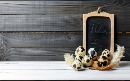 Quail eggs and feather with vintage blackboard on white wooden background, with copy space for greeting text.の素材