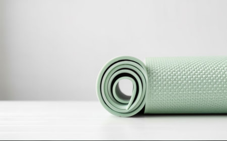 Rolled yoga mat in light pastel grey green color on white background. Modern pastel color design. Minimalism conceptの素材