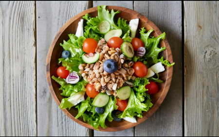 Studio shot of salad at wooden tableの素材