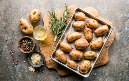 Fresh from the farm potatoes ready to be roasted with garlic and rosemaryの素材