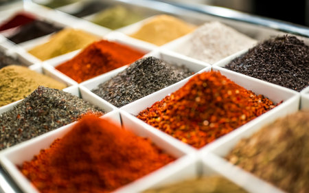 Close up of spices at spoonesの素材