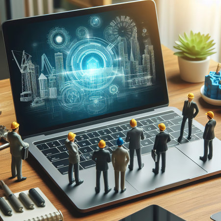 Smart laptop computer is showing construction industry concept on screen and miniature engineeringの素材