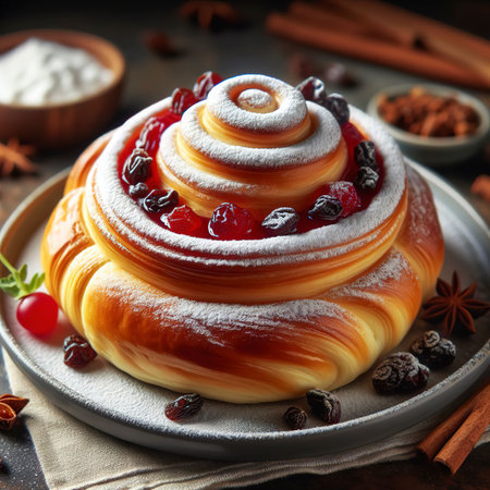 Sweet curled bun with jam, raisins in powdered sugar on a plateの素材