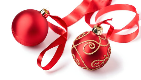 two red christmas decoration balls with satin ribbon, isolated on white backgroundの素材