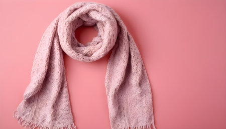 White scarf on a pink background. Winter clothes, comfort, knitted cloth and cozy conceptの素材