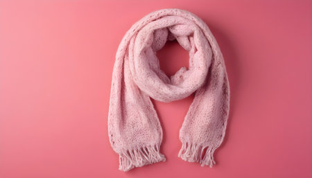 White scarf on a pink background. Winter clothes, comfort, knitted cloth and cozy conceptの素材