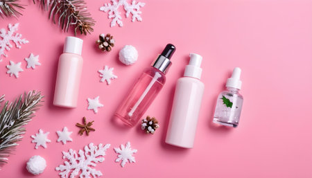 Winter cosmetic, skincare product. Cream, serum, tonic with winter decorations. Top view on pink backgroundの素材