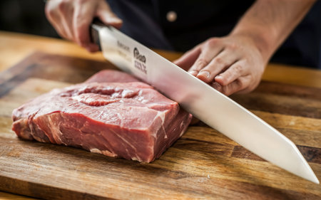 Professional cutlery used by a chef to cut red meat on a chopping board.の素材