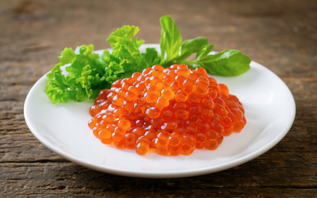 red caviar on a white plate with herbs on wooden tableの素材
