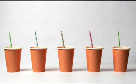 red paper Cups to drink with straw on a white backgroundの素材