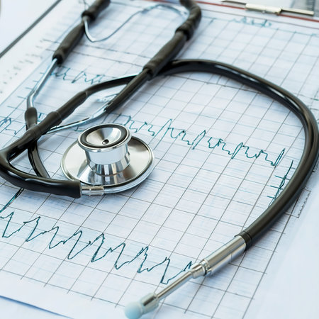 Stethoscope on a heart monitor printout. Electrocardiogram chart and stethoscope.の素材