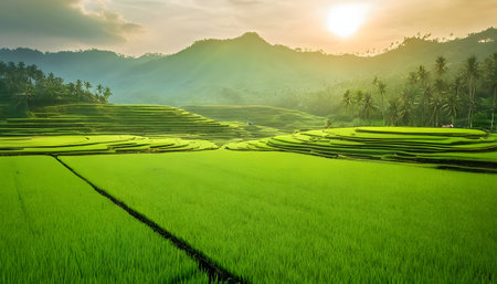 Balenese green paddy fields scenery. Beautiful stunning breathtaking view. Morning sunrays. Vivid colorsの素材