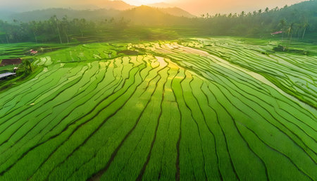 Balenese green paddy fields scenery. Beautiful stunning breathtaking view. Morning sunrays. Vivid colorsの素材