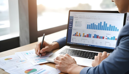 Businessmen use computer or laptop and progress of business and analyze financial,and investmentの素材