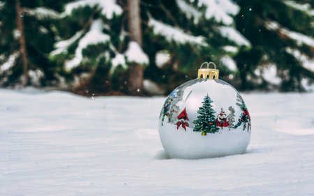 white ball with Christmas tree lies on pure snow. High quality photoの素材