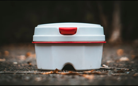 White plastic container with red lidの素材