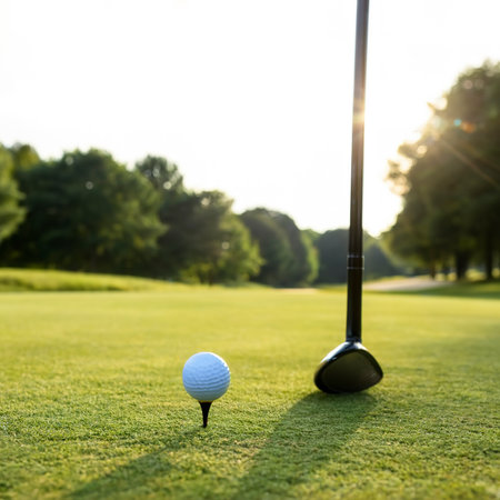 Golf club and ball on tee in front of driverの素材