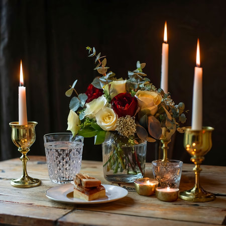 Romantic dinner. Bouquet of flowers lying on the table, two glasses of red wine and candles on a wooden tableの素材