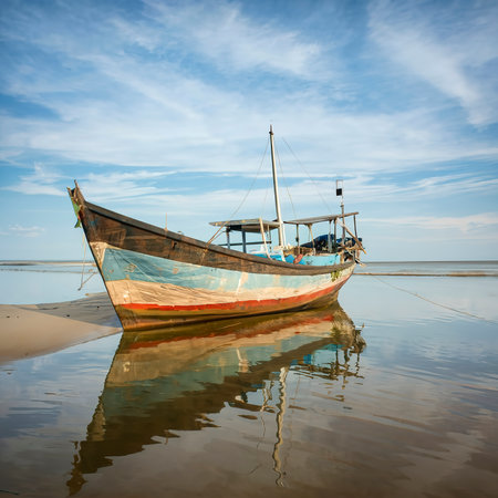 Traditional fishing boat on the beach with reflectionの素材
