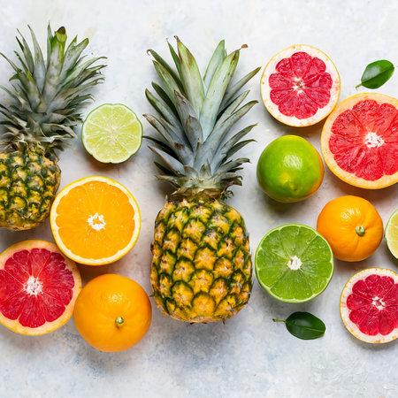 Various citruses such as oranges, limes, grapefruits, as well as pineapples on a marble surface.の素材